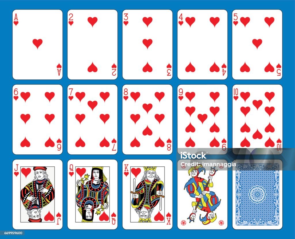 Hearts Suite French Style Playing cards hearts suite on a blue background. Original figures inspired by french tradition. Playing Card stock vector