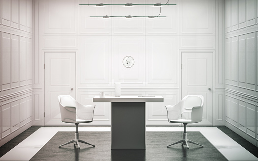 Blank white luxury office interior design, 3d rendering. Bright empty work meeting room mock up, desk, two chairs. Clear light work place front view. Modern conference space with clock on the wall