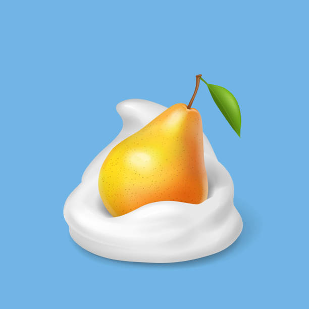 ilustrações de stock, clip art, desenhos animados e ícones de pear in whipped cream. milk yogurt and fruit . realistic illustration. vector icon - dairy farm liquid food and drink splashing