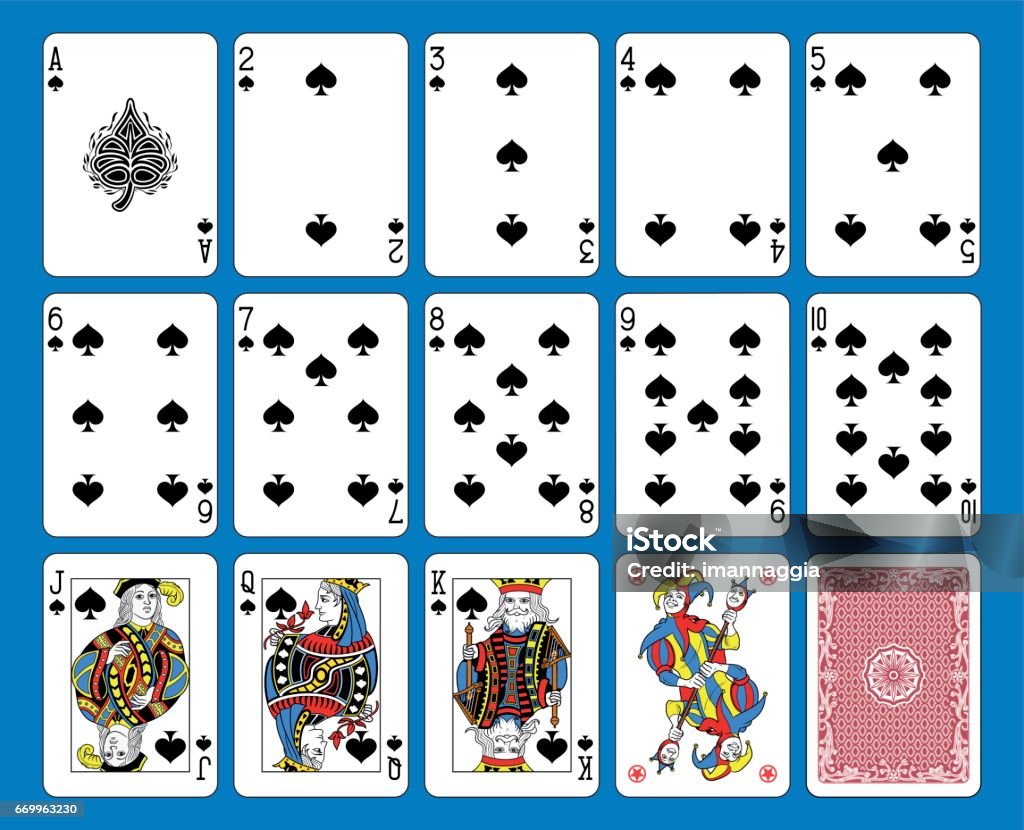 Spades Suite French Style Playing cards spades suite on a blue background. Original figures inspired by french tradition. French Culture stock vector