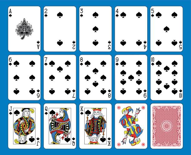 Spades Suite French Style Playing cards spades suite on a blue background. Original figures inspired by french tradition. queen king joker cards stock illustrations