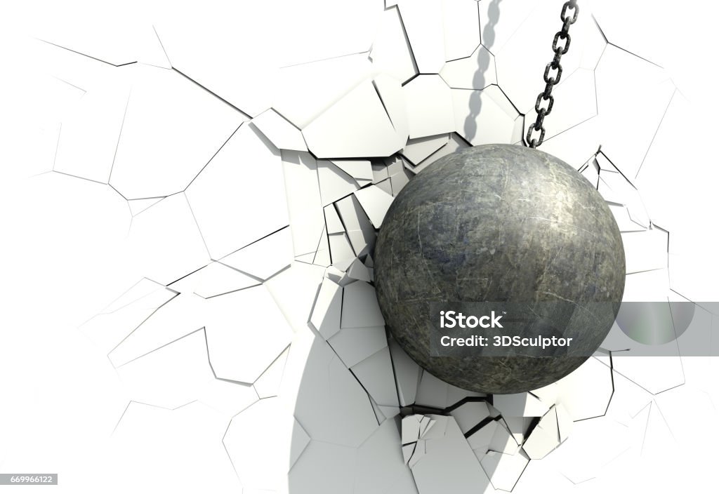 Métalliques Wrecking Ball brisant le mur blanc - Illustration de Boulet de démolition libre de droits