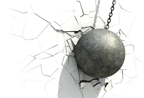 Metallic Wrecking Ball Shattering The White Wall. 3D Illustration.