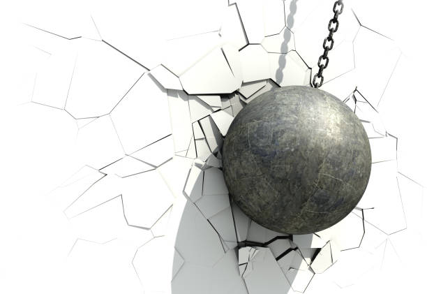 Metallic Wrecking Ball Shattering The White Wall Metallic Wrecking Ball Shattering The White Wall. 3D Illustration. hanging stone stock illustrations