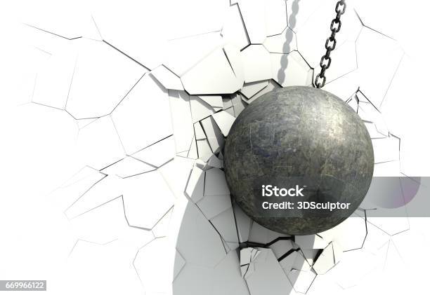 Metallic Wrecking Ball Shattering The White Wall Stock Illustration - Download Image Now - Wrecking Ball, Sports Ball, Destruction