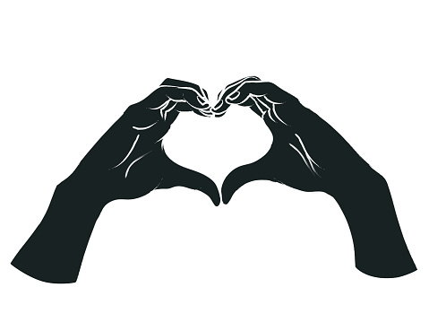 Female hands in the form of heart. Vector illustration in sketch style isolated on a white background. Making love sign by hands. White lines and dark grey silhouette.