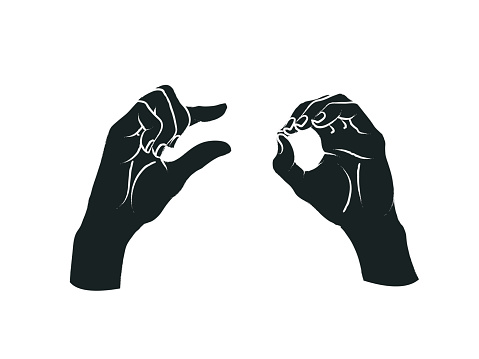 Gesture. A little bit sign. Two female hands showing a few of something. Vector illustration in sketch style isolated on a white background. Making a less signal by hands. White lines and dark grey silhouette.