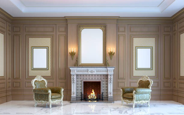 istock A classic interior with wood paneling and fireplace. 3d render. 669970822