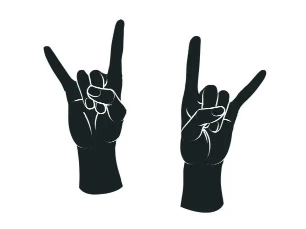 Vector illustration of Gesture. Rock sign. Two female hands with index and little finger up in form of horns. Vector.