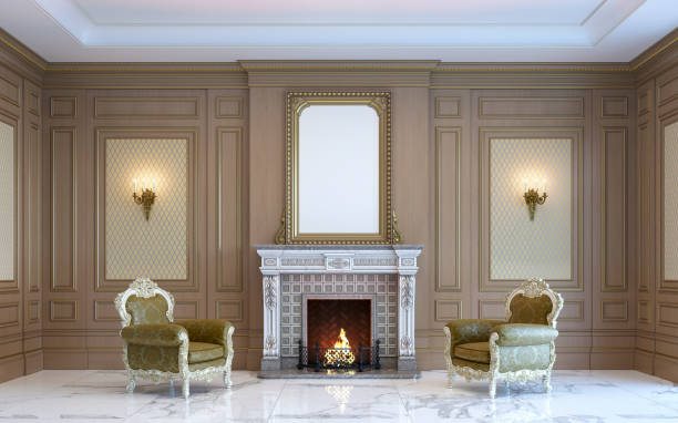 istock A classic interior with wood paneling and fireplace. 3d render. 669971158
