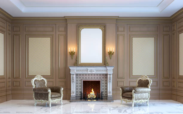 istock A classic interior with wood paneling and fireplace. 3d render. 669971218
