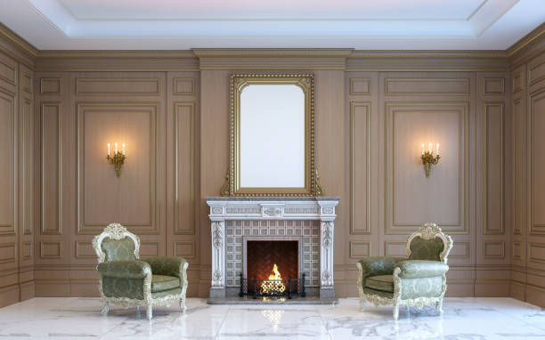 istock A classic interior with wood paneling and fireplace. 3d render. 669971324