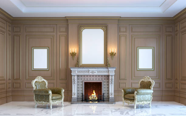 istock A classic interior with wood paneling and fireplace. 3d render. 669971402