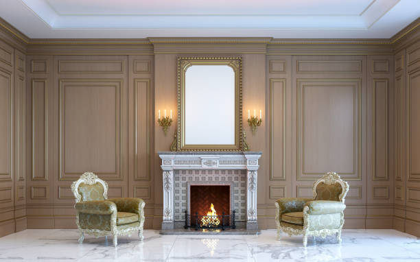 istock A classic interior with wood paneling and fireplace. 3d render. 669971472