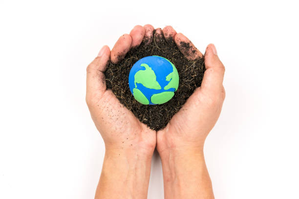 istock Soil and earth simulation in hand on white background, earth day concept 669975836