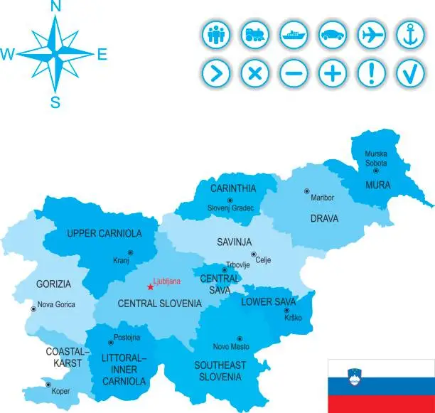 Vector illustration of Map of Slovenia with flag, icons and key