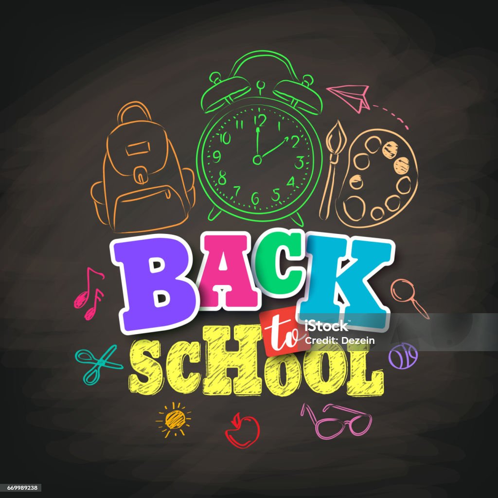 Back to school vector design with colorful texts and education Back to school vector design with colorful texts and education related drawing elements in textured black background. Vector illustration. Back to School stock vector