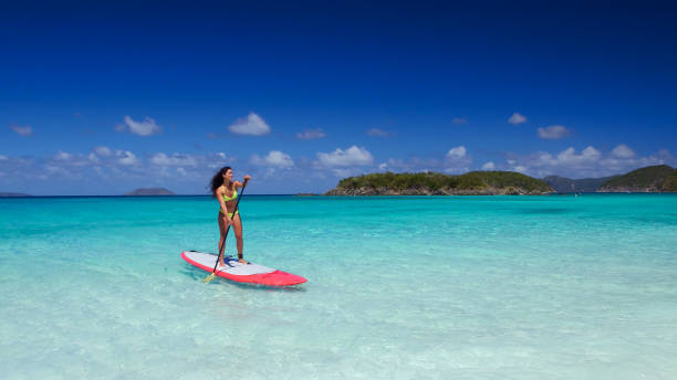 young attractive woman on paddleboard - women paddleboard bikini surfing imagens e fotografias de stock