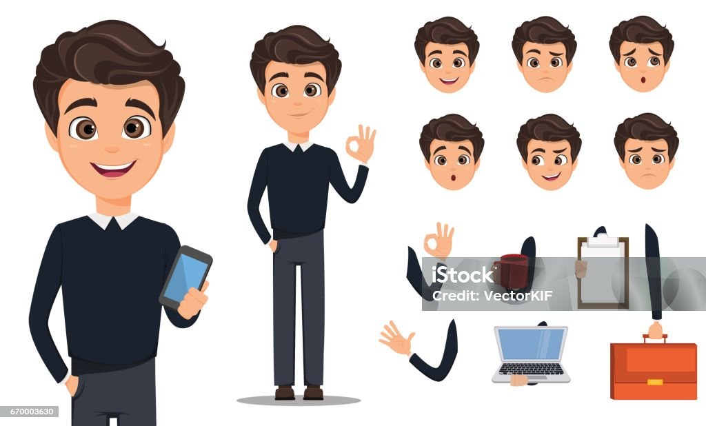 Business man cartoon character creation set. Young handsome smiling businessman in smart casual. Build your personal design - stock vector Avatar stock vector