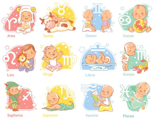 illustrazioni stock, clip art, cartoni animati e icone di tendenza di set zodiacale bambino - baby clothing its a girl newborn baby goods