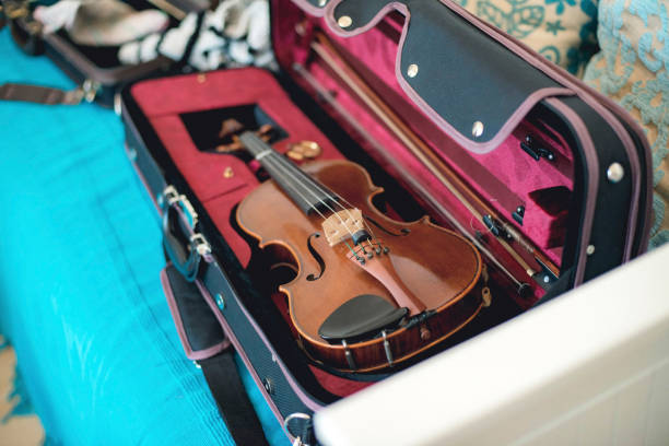 istock Violin suitcase lying on couch in music classroom. 670004898