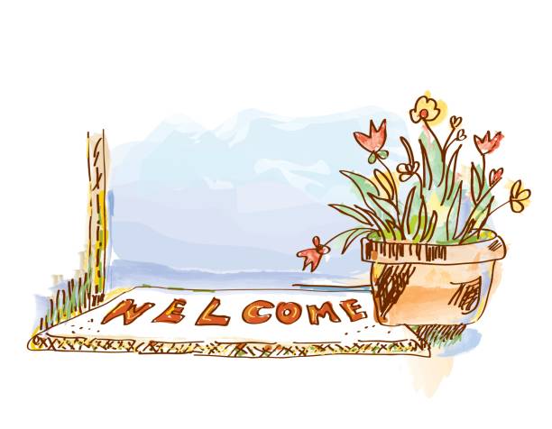 ilustrações de stock, clip art, desenhos animados e ícones de welcome banner with door and flowers - sketchy style vector  illustration - open front door