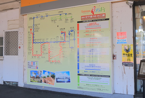 Tainan Taiwan - December 13, 2016: Tourist bus map at Tourist information office Tainan train station in Tainan Taiwan.
