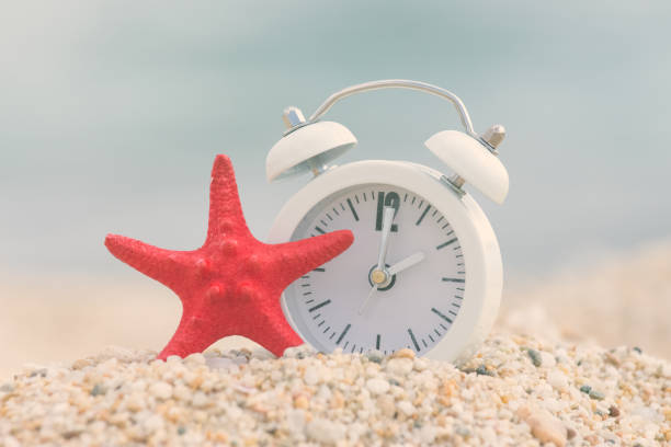 istock Alarm clock and seastar on the beach. Summertime concept. 670023960