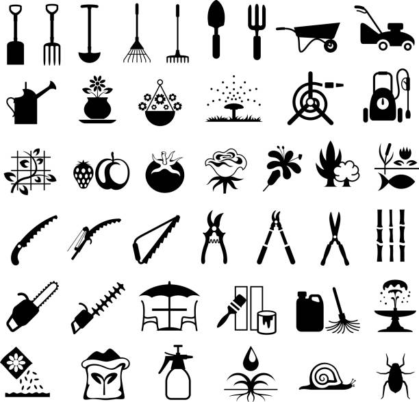 Gardening Tools and Products Icons Single colour black icons of gardening equipment garden fork stock illustrations