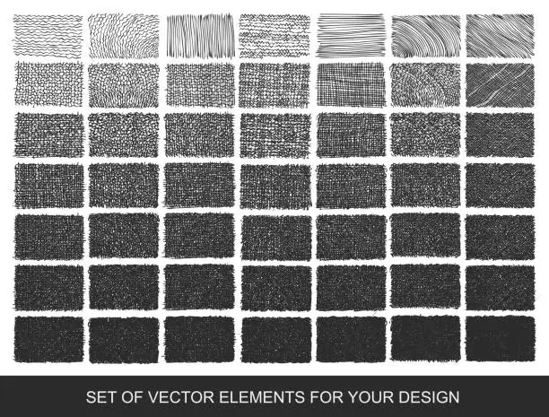 Vector illustration of Collection of textures, brushes, graphics, design element. Hand-drawn. Abstract background. Modernistic Art.