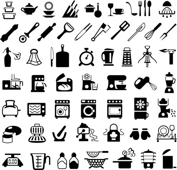 Vector illustration of Kitchenware, Cooking Utensils and Appliances Icons