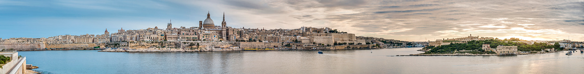Valletta seafront skyline view as seen from Sliema shoreline, Malta