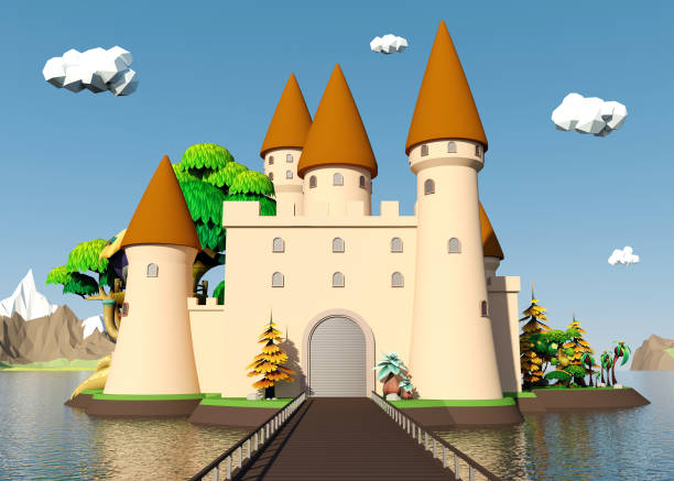 Cartoon medieval castle on island with beautiful landscape Cartoon medieval castle on island with beautiful landscape, 3D rendering cartoon palace stock pictures, royalty-free photos & images