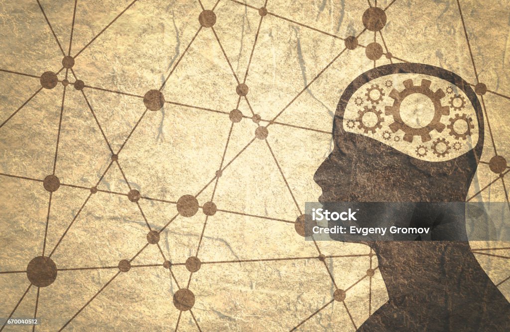 Silhouette of a man's head with gear. Silhouette of a man's head with gear. Mental health relative brochure or report design template. Scientific medical designs. Connected lines with dots. Grunge texture Biology stock illustration