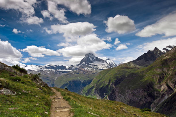 Mountain hiking road with beautiful Matterhorn view stock photo