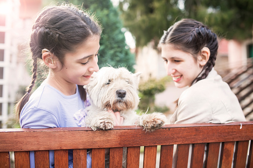 Two teen girls with hearing aid have a fun with cute white dog