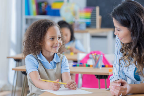istock Teacher helps adorable kindergarten or preschool student 670045242