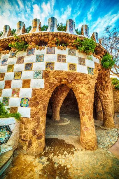 Barcelona, Catalonia, Spain: the Park Guell of Antoni Gaudi at sunset