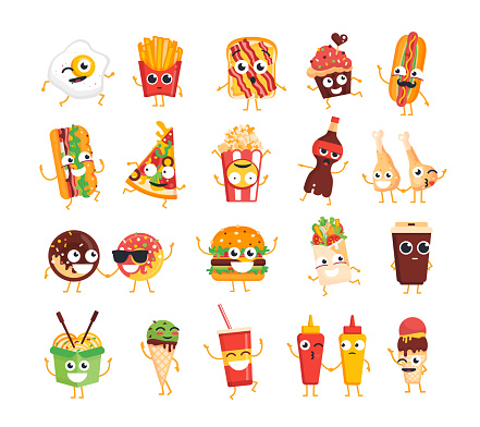 Fast Food Characters - modern vector template set of mascot illustrations. Gift images of ice cream, coffee, hot dog, pizza, chicken leg, egg, french fries, toast, burger, coke, popcorn, wok, donut, mustard, ketchup, soft drink