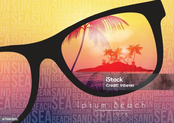 Vetores de Verão Praia Festa Flyer Design Com Óculos De Sol No Fundo Desfocado Ilustração Vetorial e mais imagens de Verão