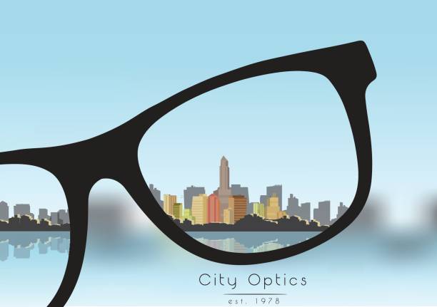 Out of Focus Business Building City with Sky and with Glasses that Correct the Vision - Vector Illustration vector art illustration