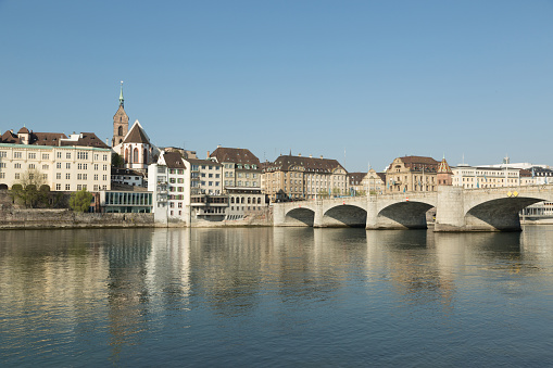 The view of Middle Bridge Mittlere Brücke over Rhine river and Kleinbasel, the part of the city across the river from the old town.