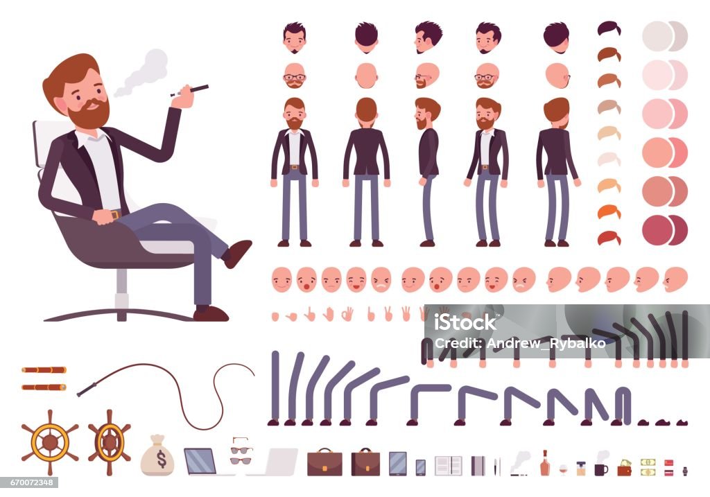 Male manager character creation set Male manager character creation set. Full length, different views, isolated against white background. Build your own design. Cartoon flat-style infographic illustration Characters stock vector
