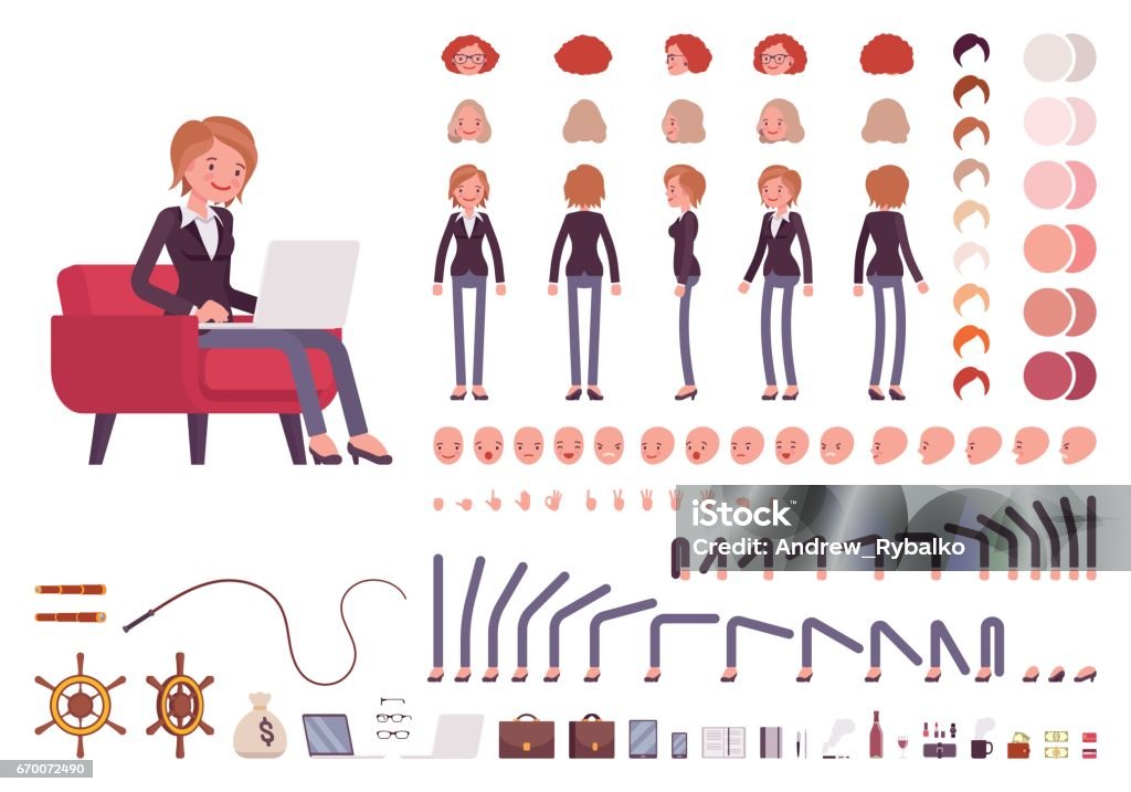 Female manager character creation set Female manager character creation set. Full length, different views, isolated against white background. Build your own design. Cartoon flat-style infographic illustration Characters stock vector