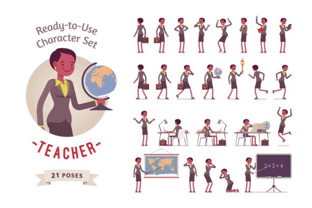 ilustraciones, imágenes clip art, dibujos animados e iconos de stock de juego de personajes de profesora lista para usar, diferentes poses y emociones - girl emociones emoji