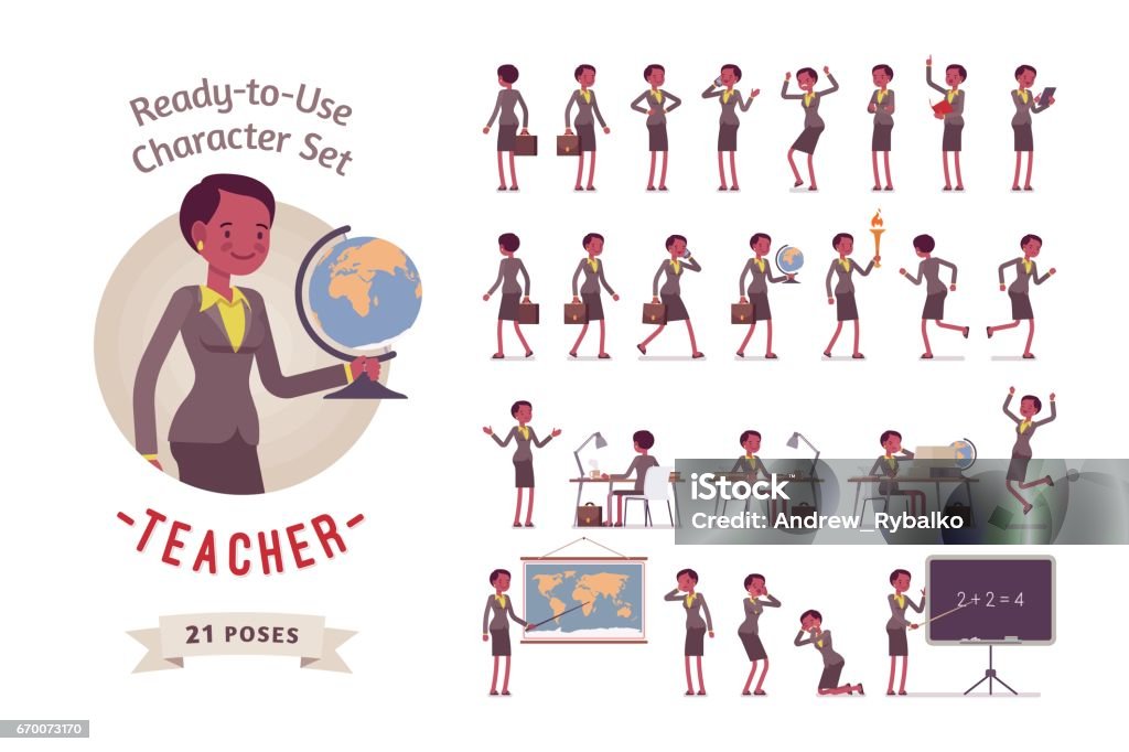 Ready-to-use female teacher character set, different poses and emotions Ready-to-use character set. Female young teacher in formal wear. Different poses and emotions, running, standing, sitting, walking, happy, angry. Full length, front, rear view against white background Characters stock vector