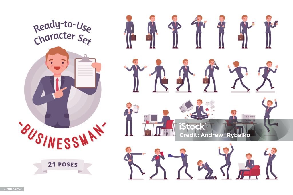 Ready-to-use businessman character set, different poses and emotions Ready-to-use character set. Businessman in formal wear. Different poses and emotions, running, standing, sitting, walking, happy, angry. Full length, front, rear view isolated against white background Businessman stock vector