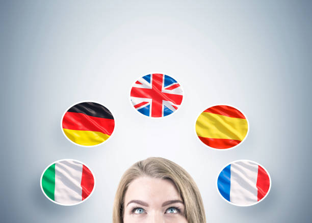 istock Head of blond woman and five flags 670079334