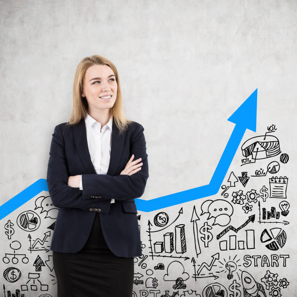 istock Confident woman and blue graph, close up 670091060