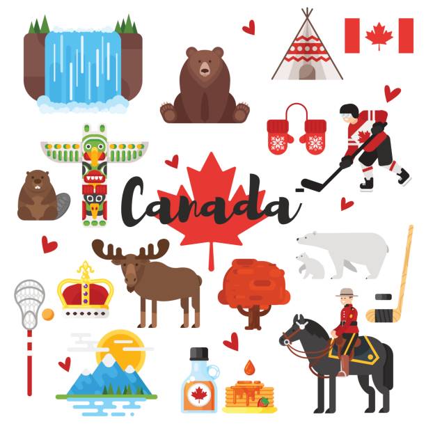 illustrazioni stock, clip art, cartoni animati e icone di tendenza di set vettoriale in stile piatto di simboli culturali nazionali canadesi. - canada immagine